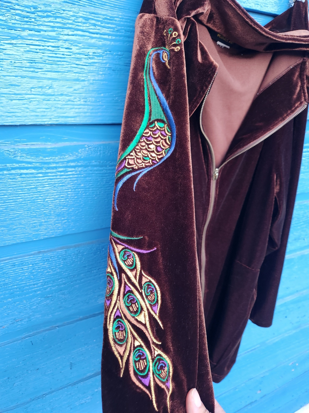 Bob Mackie Brown Velvet Zip-Front Hooded Coatigan - Picture 5 of 8